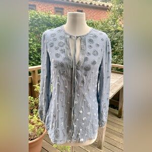 Tory Burch pale blue beaded velvet burnout ls blouse